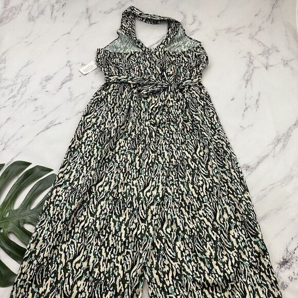 Eloquii Halter Neck Jumpsuit Plus Size 20 New Green Blue Print Satin Wide Leg - Picture 8 of 11